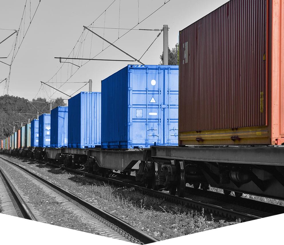 Freight containers on a train, as one part of the intermodal process.
